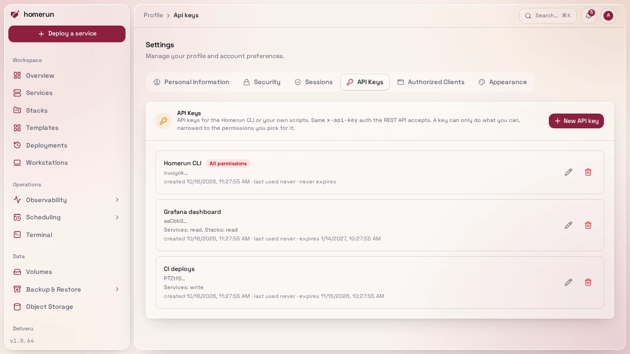 Profile → API Keys: generating a key with its access, and the key list