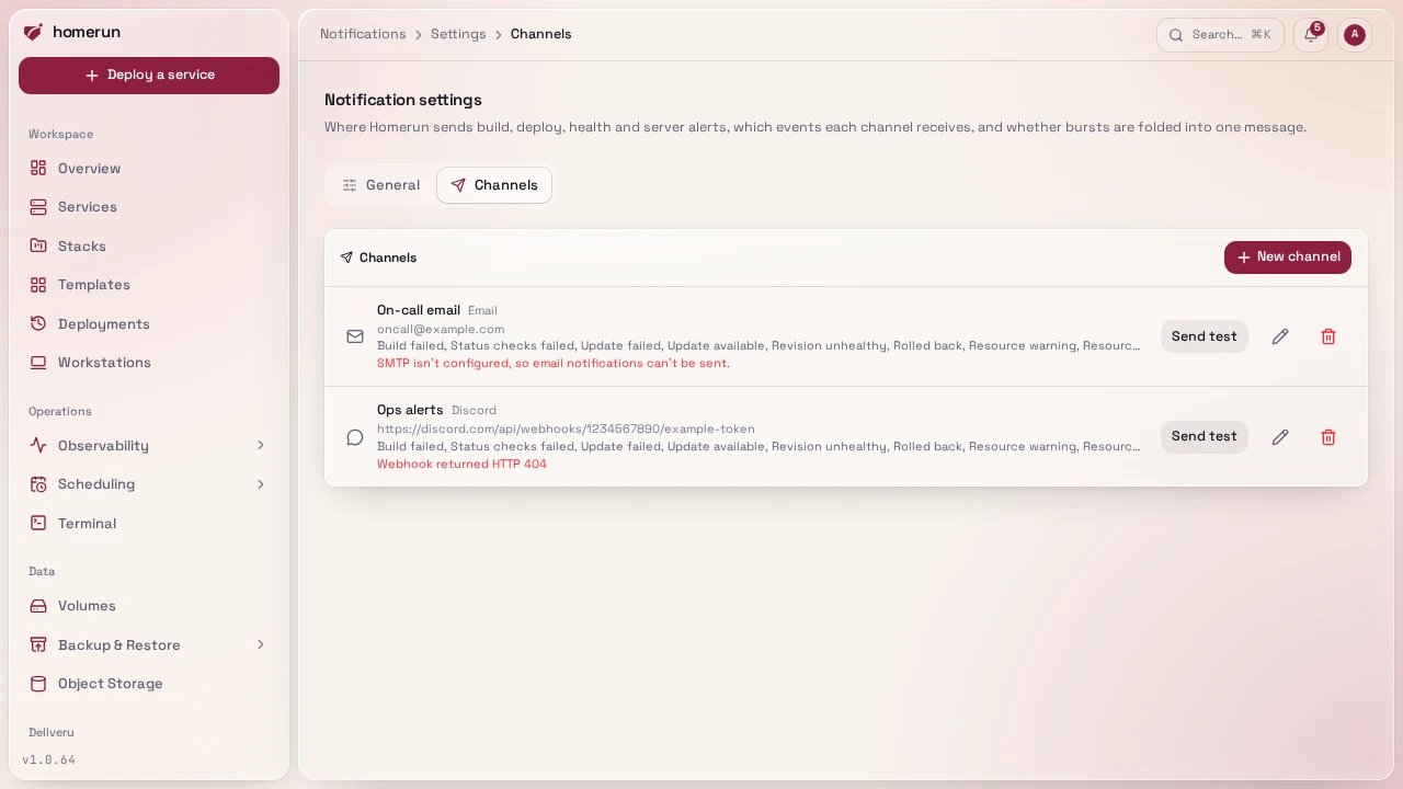Notification settings' Channels tab, listing a Discord and an email channel