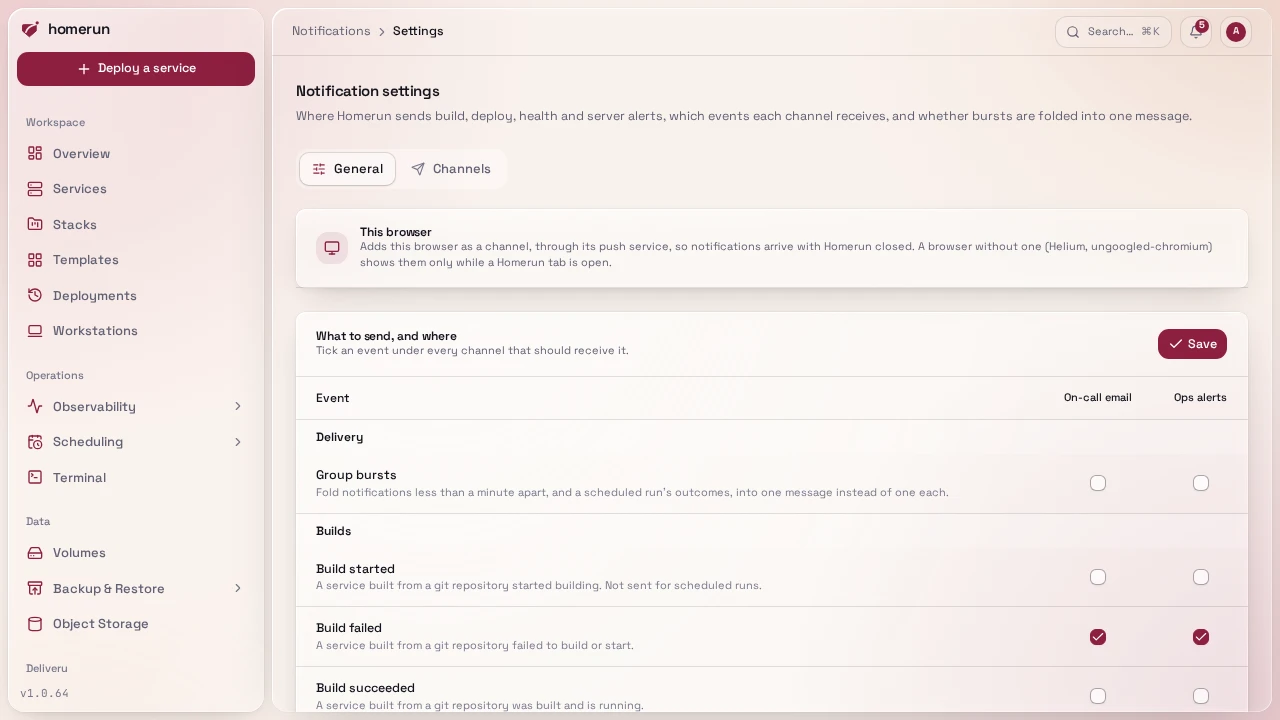 Notification settings' General tab, the matrix of which events each channel gets