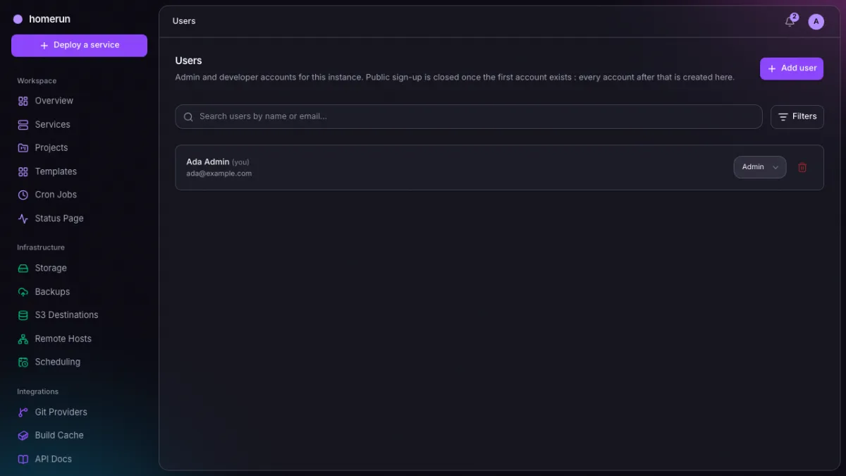 The users page, dark
