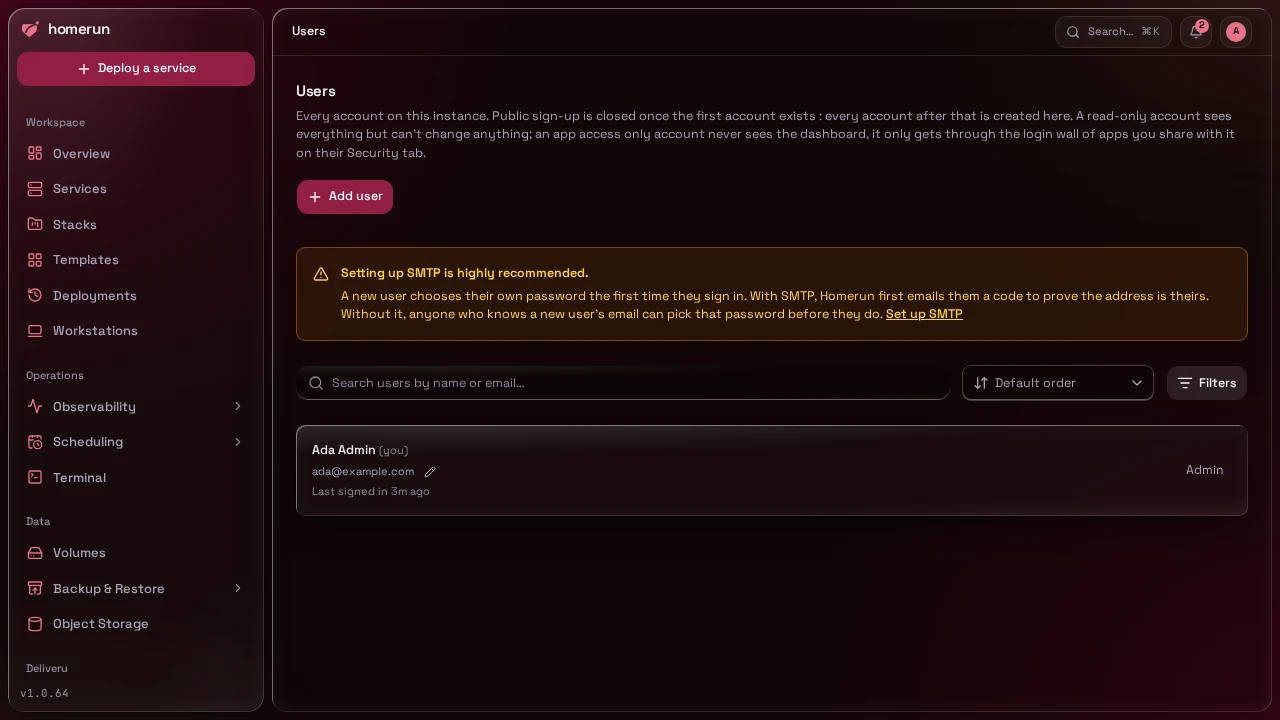 The users page, dark