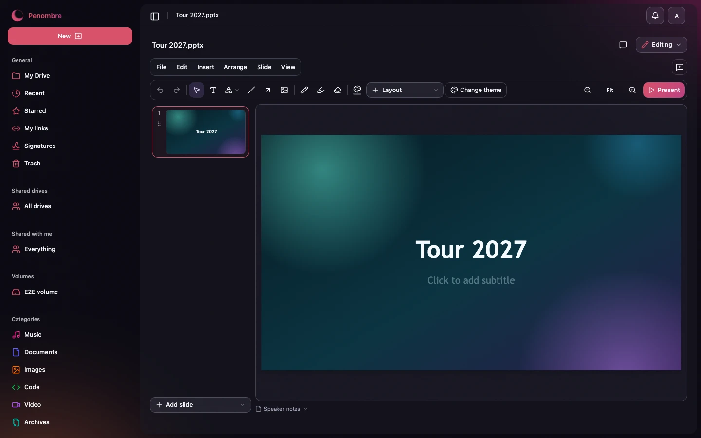A presentation in the slide editor, dark
