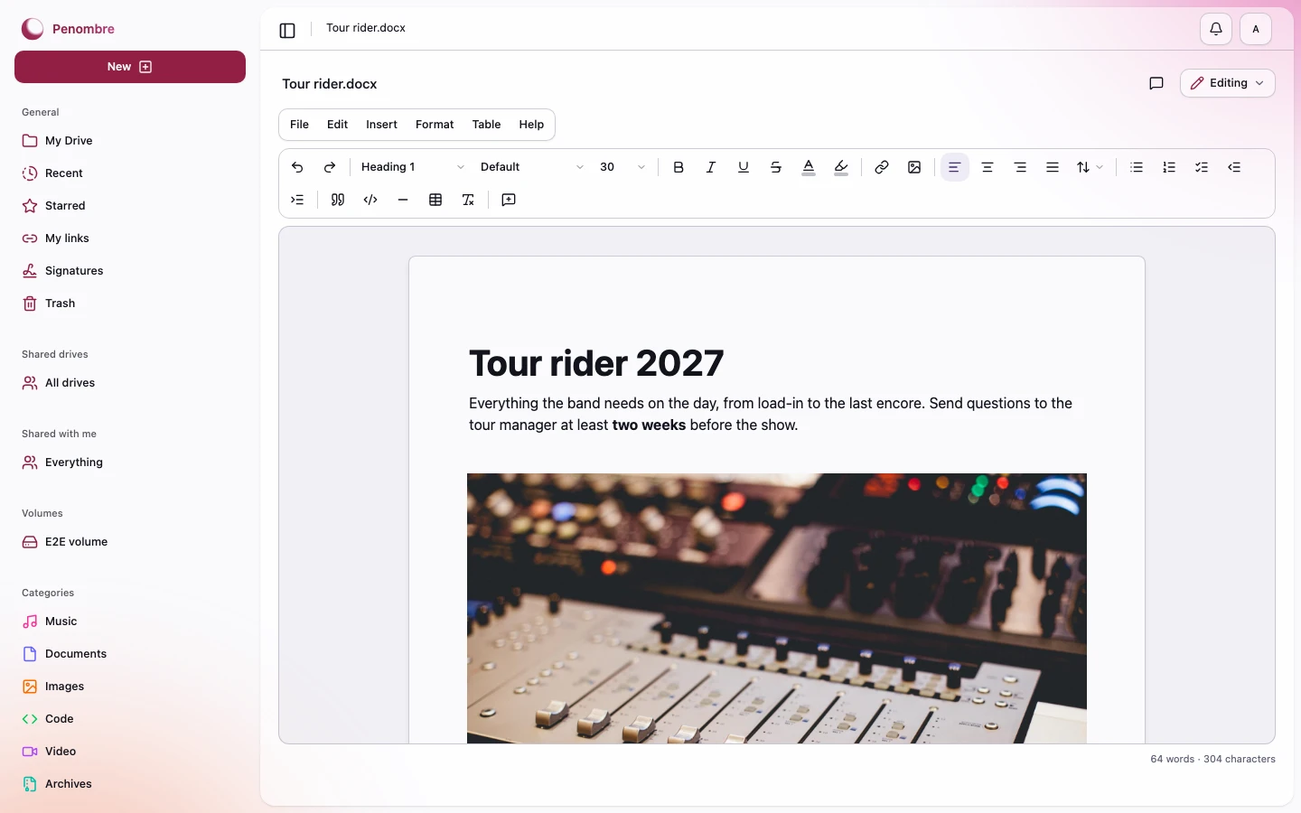 A Word document in the editor