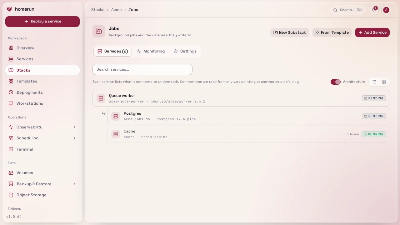 A substack's own page, with the parent stack in its breadcrumbs