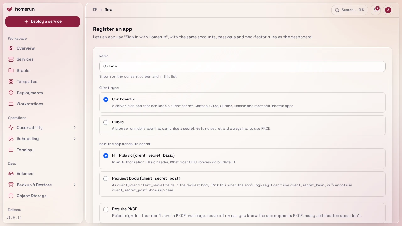 The Register app page: name, client type, how the secret is sent, PKCE and consent