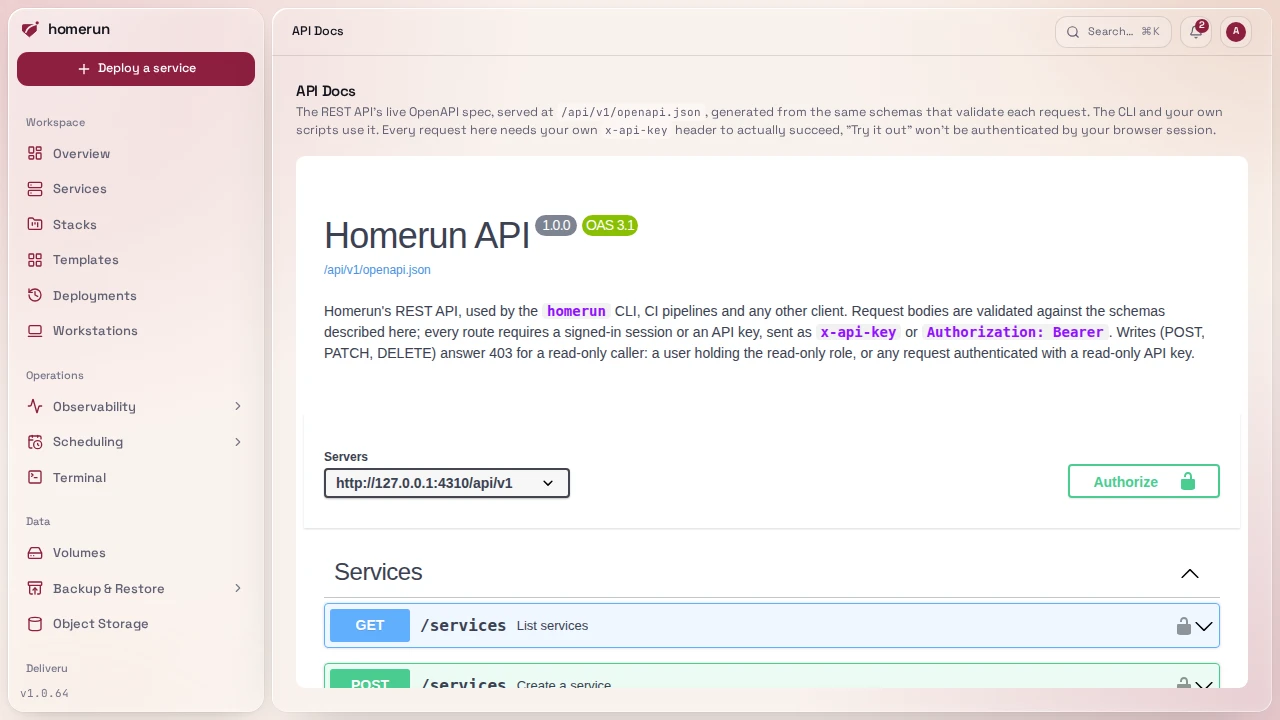 The API Docs page rendering the OpenAPI spec in Swagger UI