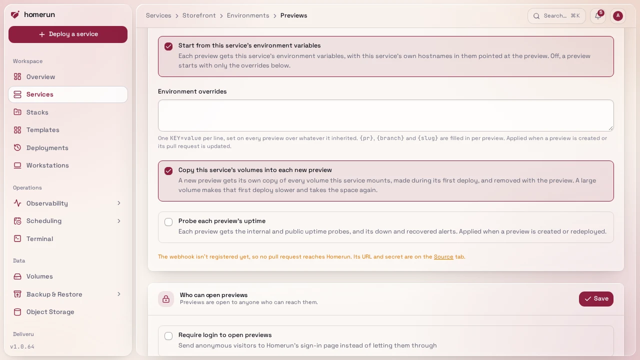 The Previews section's environment variables, overrides and volume copy options