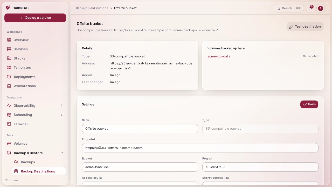 A backup destination's page: its details, the volumes backed up there, Test destination and its settings