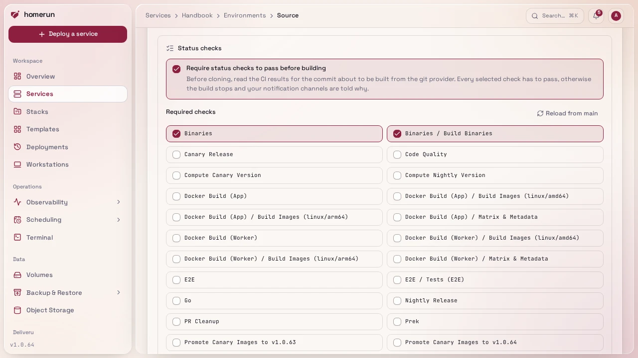 Environments & Deployments → Source's status checks, with the checks reported on the branch to pick from
