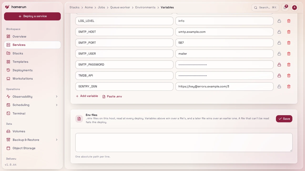 The Env files panel under the variables, with one host path