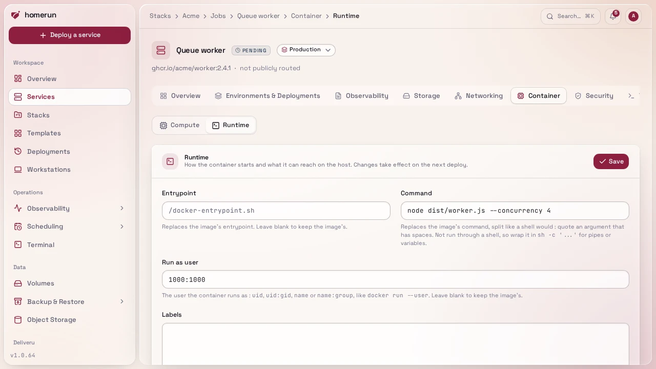 A worker's Container → Runtime, with its command, run-as user and a label