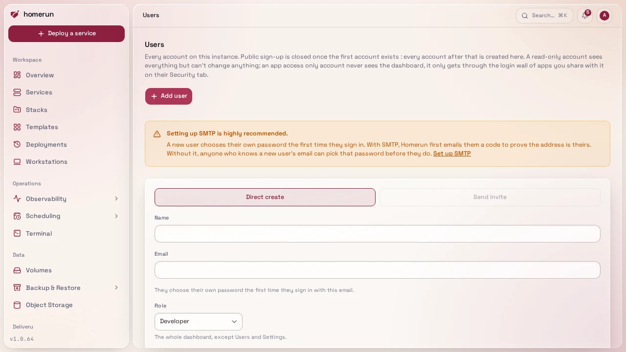 The Add user panel on /users, creating an account directly with a role