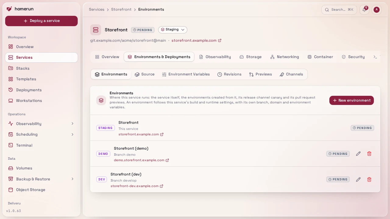 A service's Environments: the service itself, two environments and their hostnames
