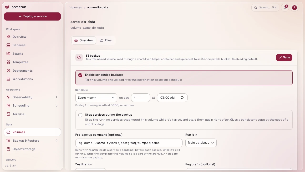 A volume's backup settings: schedule, stopping services, a pre-backup command, the destination and a key prefix