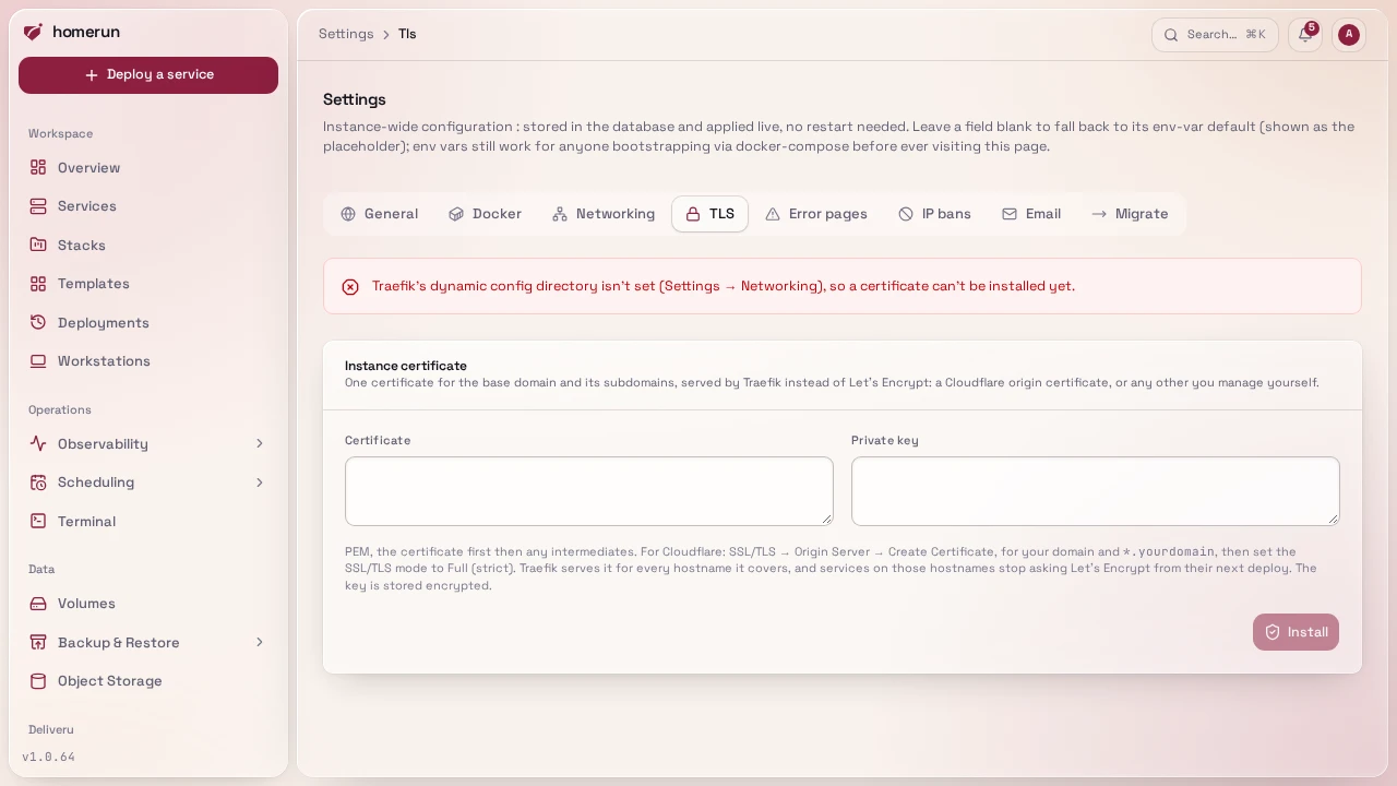 Settings → TLS, where the instance certificate is pasted