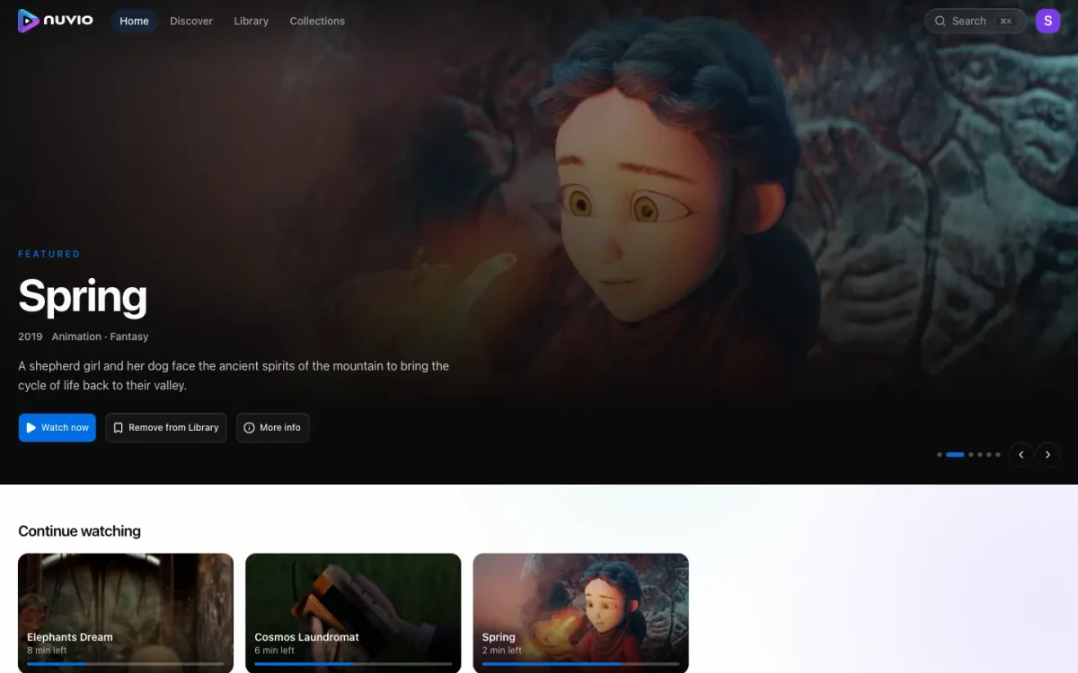 The Nuvio Web home screen, with a hero carousel above continue watching
