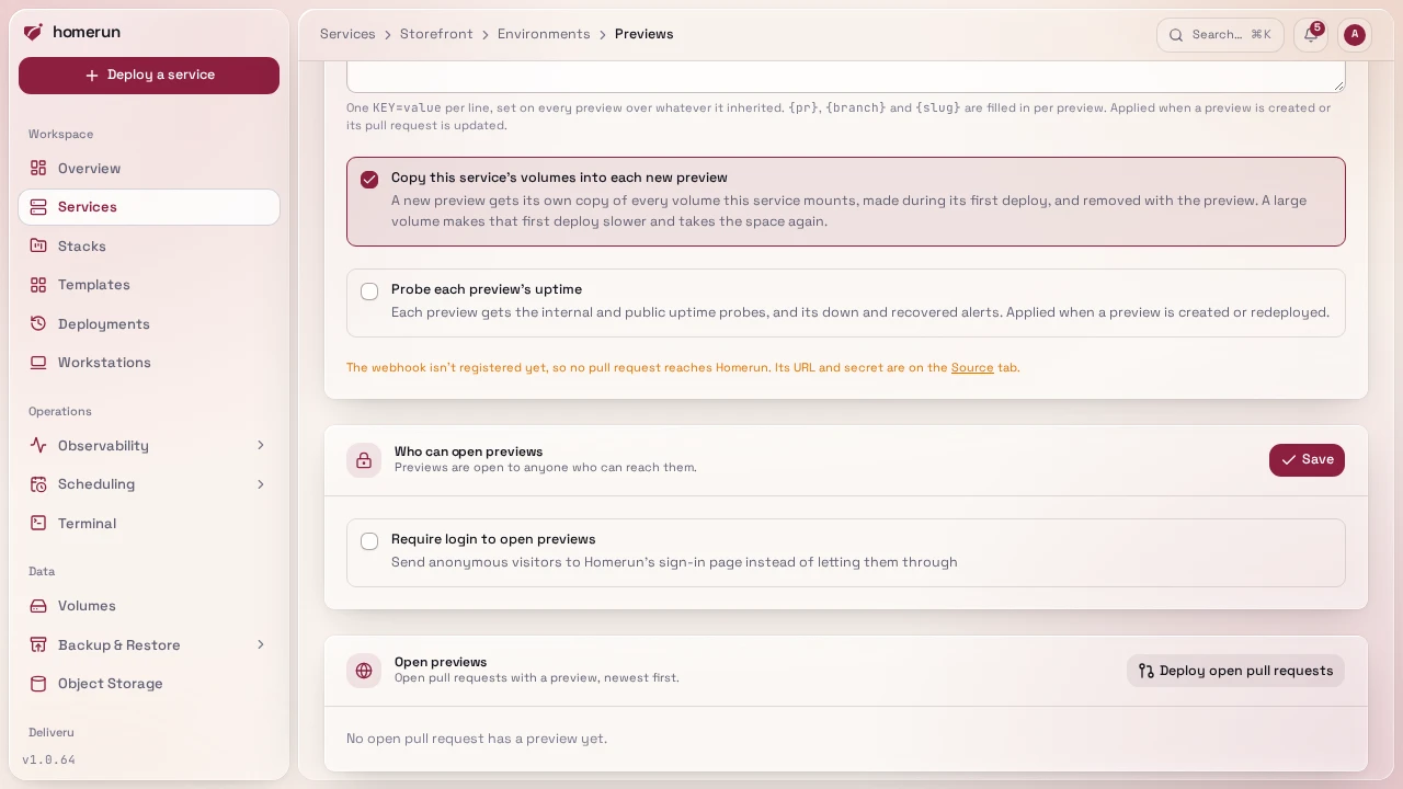 The Open previews section, with its Deploy open pull requests button