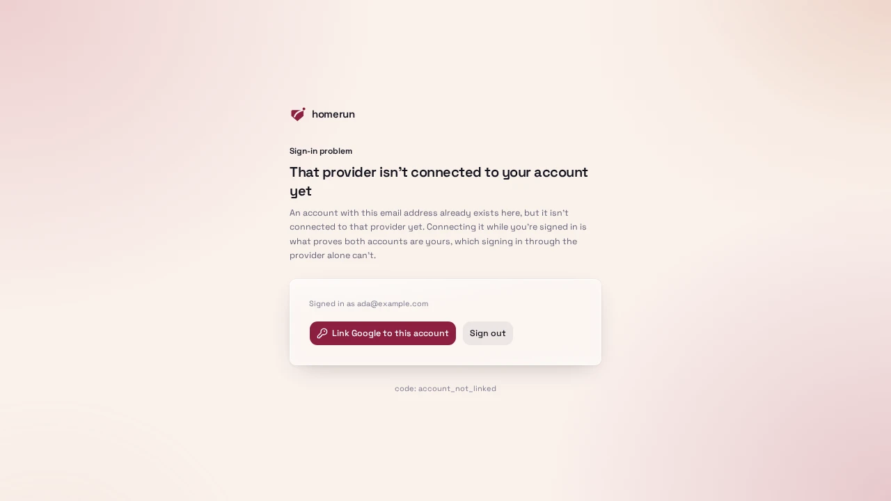 The "provider isn't connected to your account yet" page, offering to link it