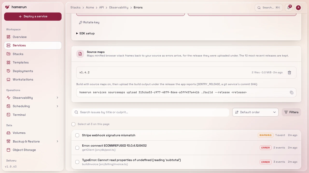 The Errors section's issue list, each issue with its event count, users affected and when it was last seen