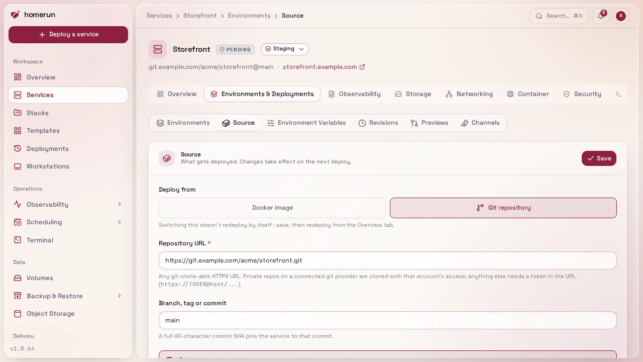 Environments & Deployments → Source for a service built from a git repository