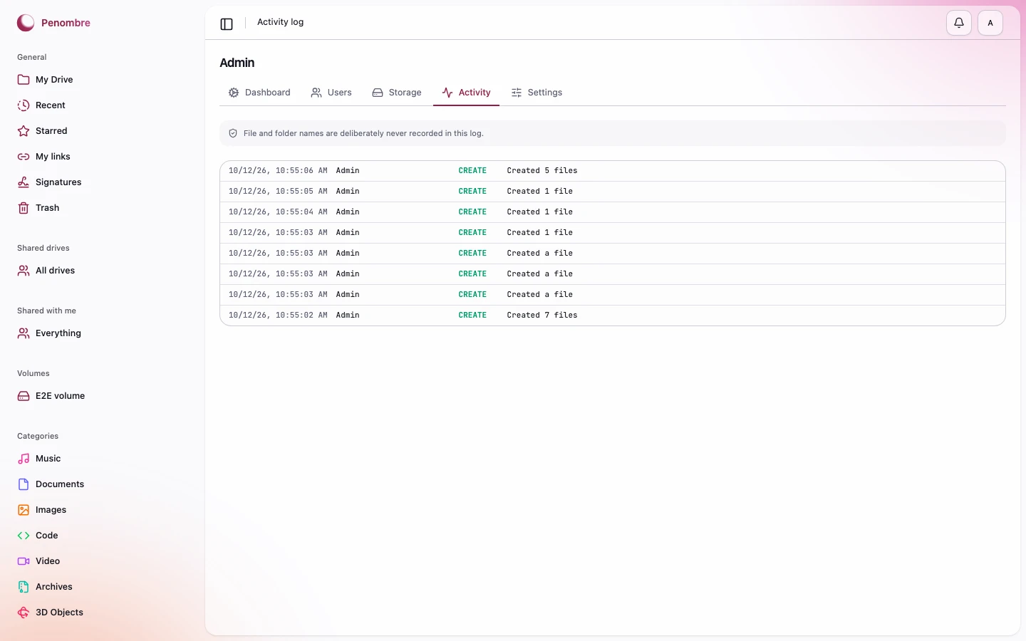 The admin activity log
