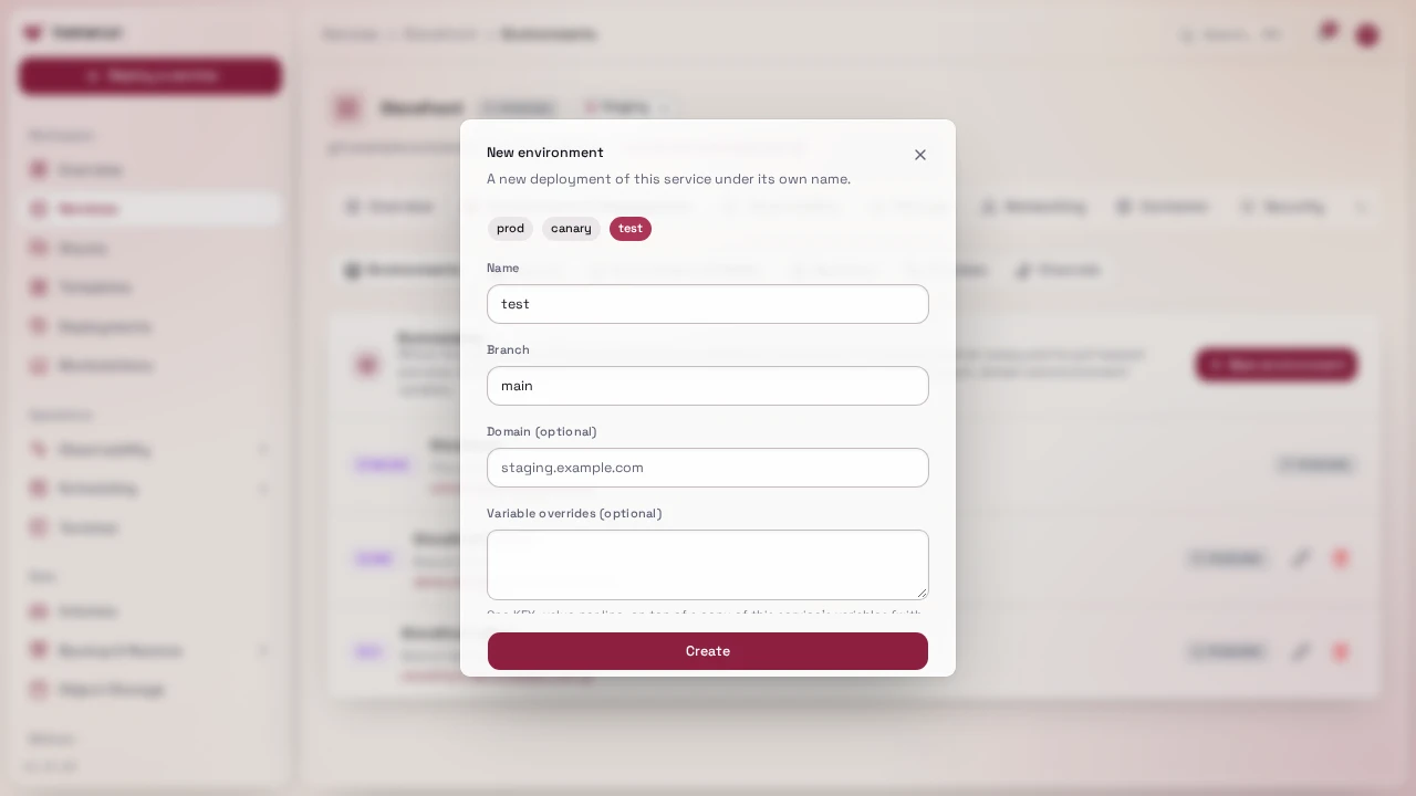 The New environment dialog with the presets, branch, domain and overrides