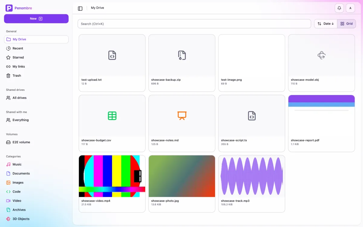 The Penombre drive in grid view, showing generated thumbnails