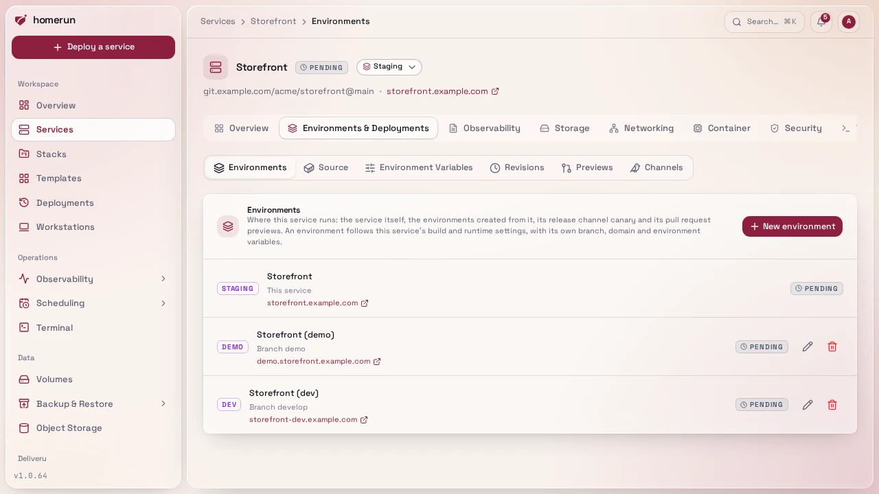 A service's Environments: the service itself, two environments and their hostnames