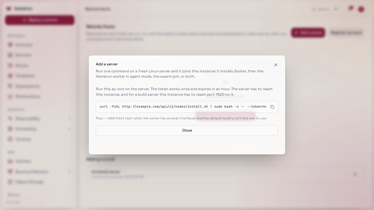 The command Add a server hands you, ready to copy