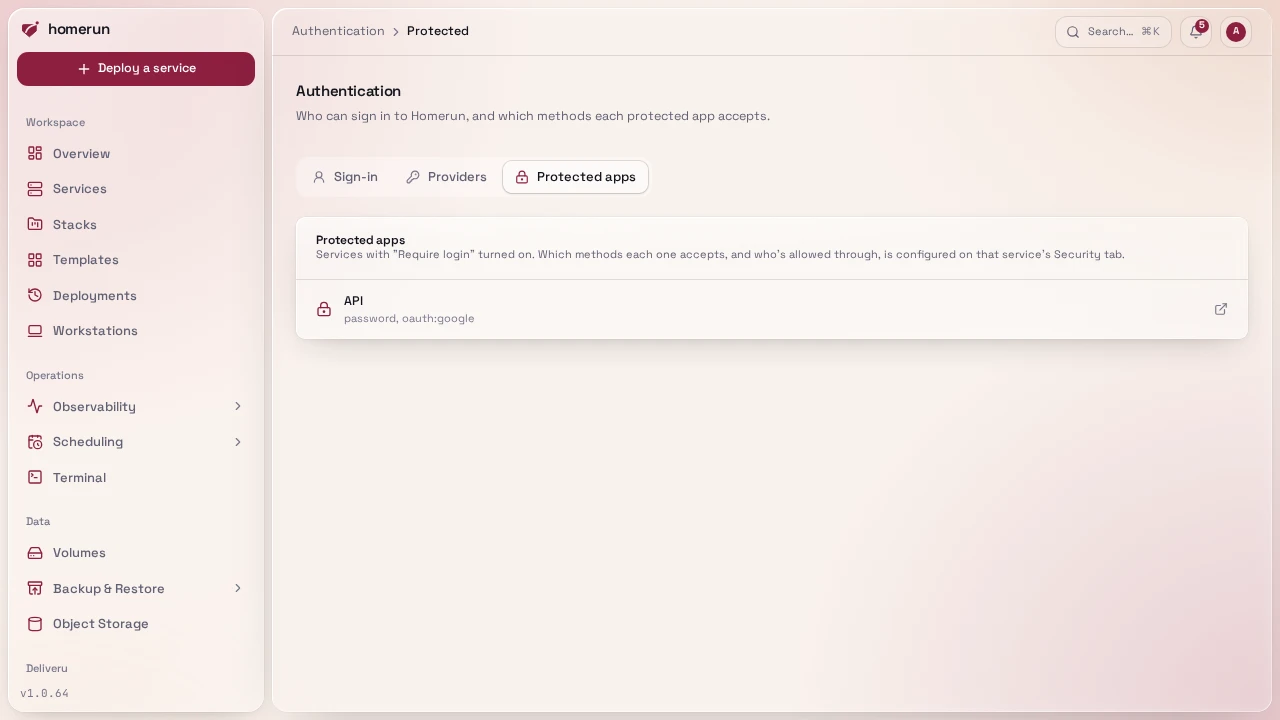 Authentication → Protected apps, listing each walled service and its methods