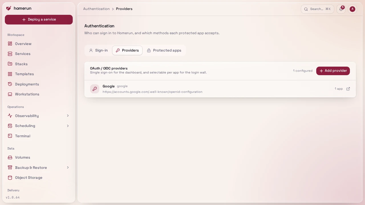 Authentication → Providers, listing the configured OAuth providers
