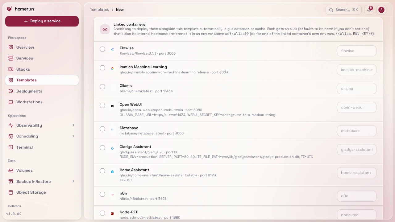 The Linked containers section of New Template
