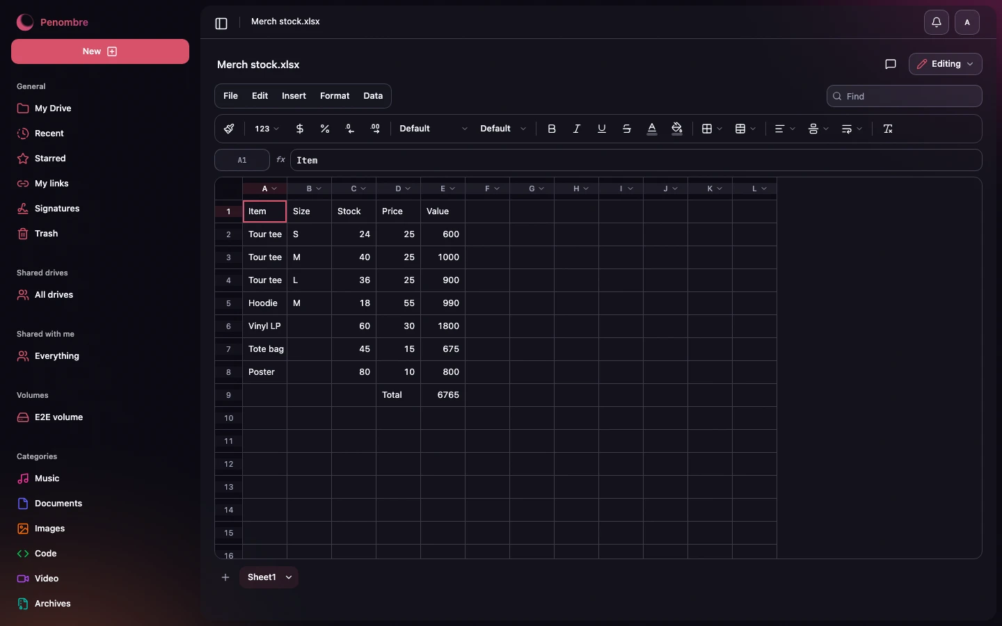 An Excel workbook in the sheet editor, dark