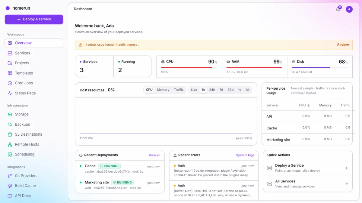 The Homerun dashboard, showing service counts and live host resources