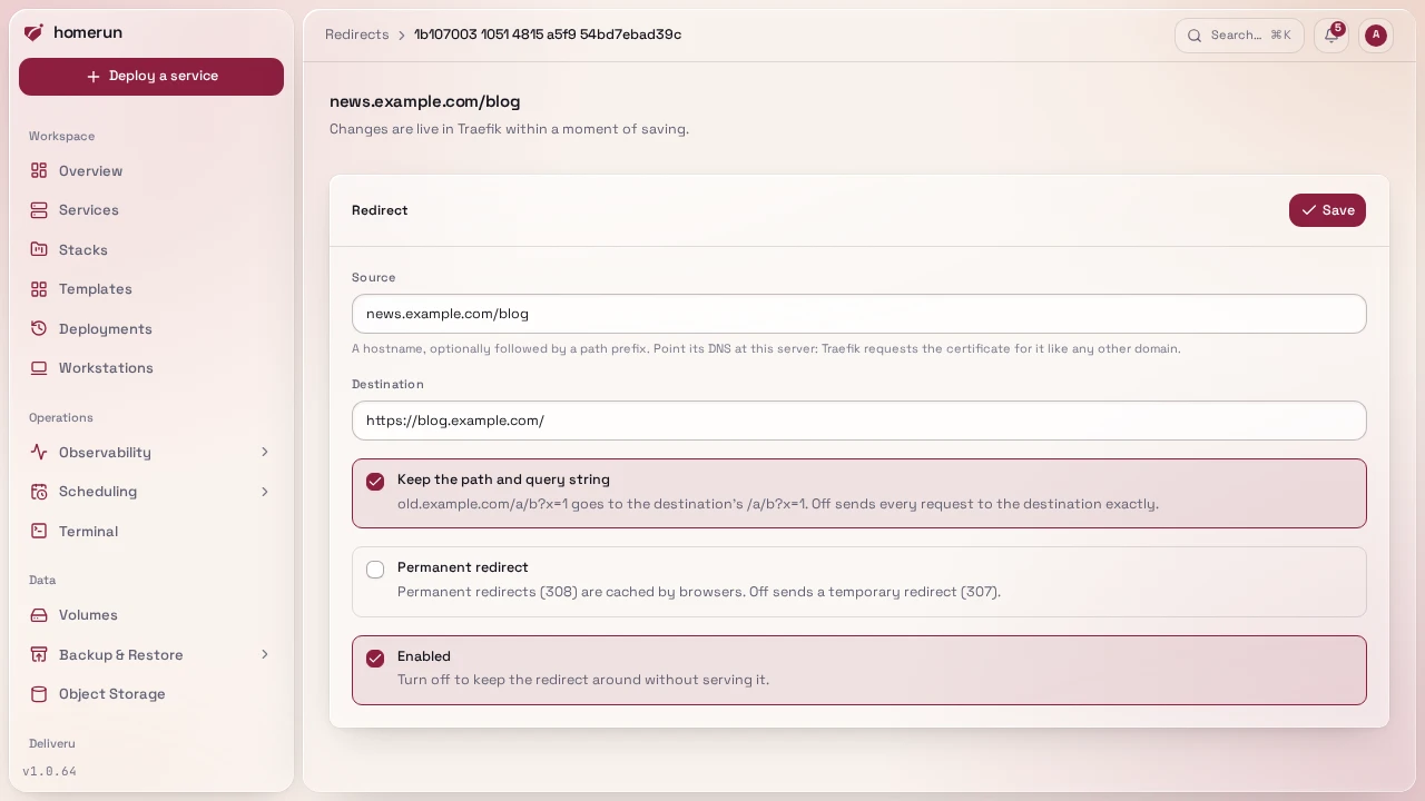 Editing a redirect: its source, destination and three switches
