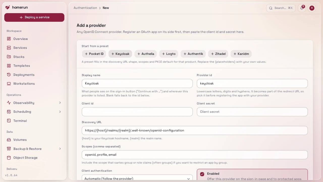 The Add provider page with the Keycloak preset applied and the redirect URI to register
