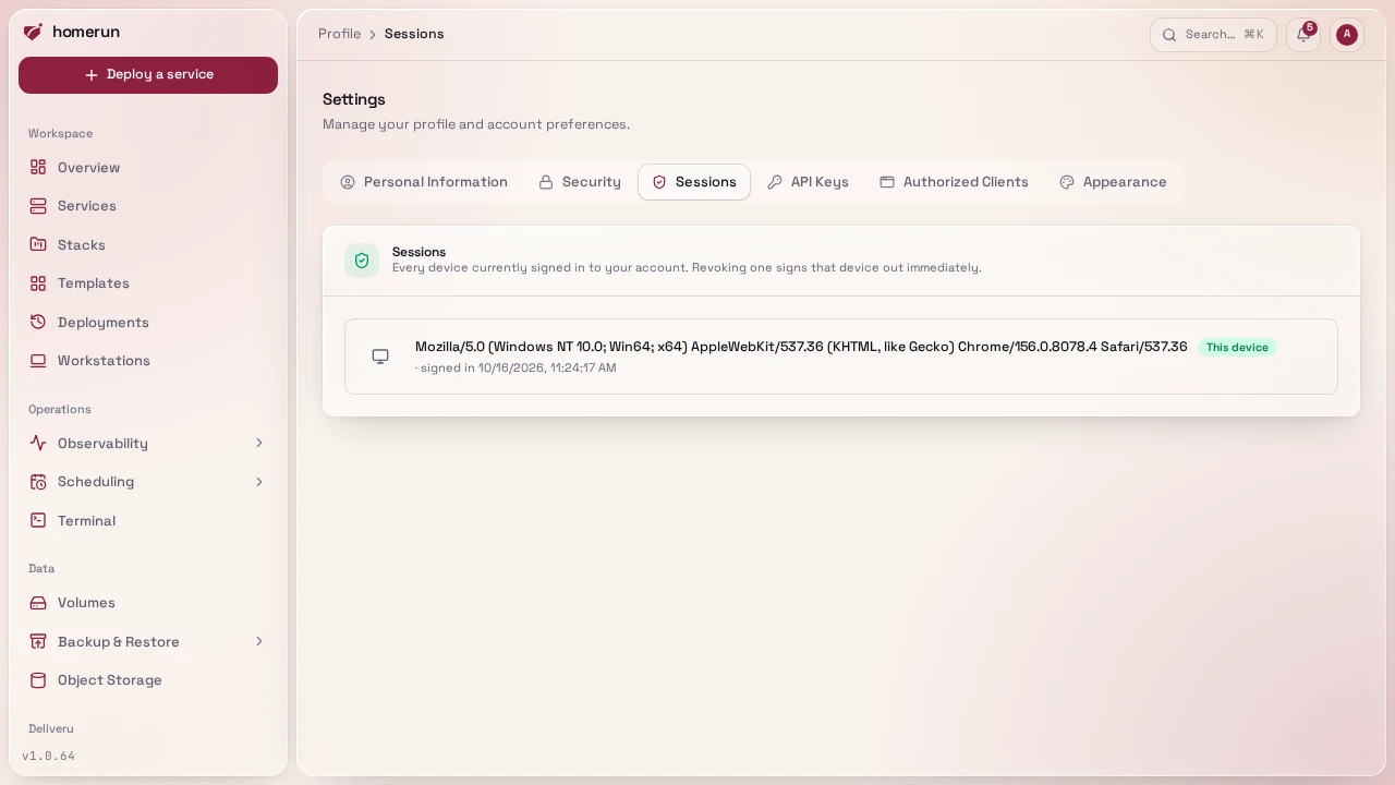 Profile → Sessions, listing every browser signed in to the account