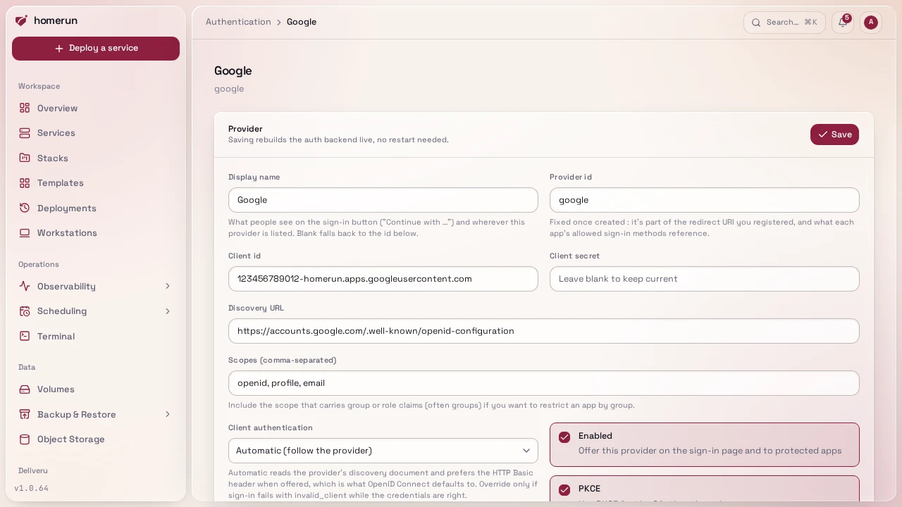 A provider's page: display name, provider id, client credentials and discovery URL