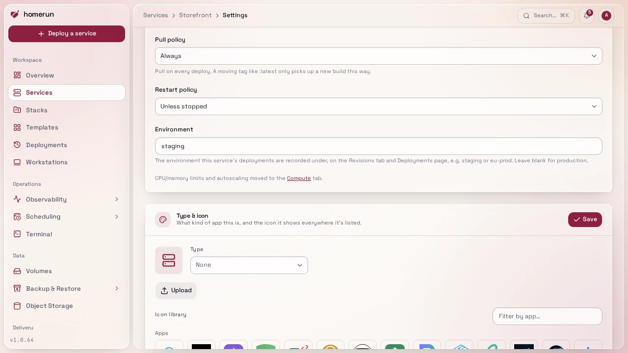 The Environment field on a service's Settings tab, set to staging