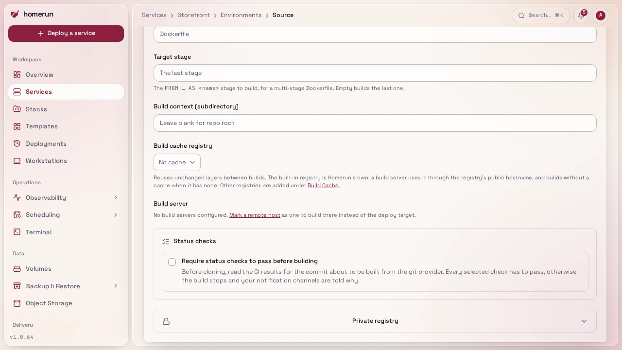 The Source section's build context, build cache registry and build server fields