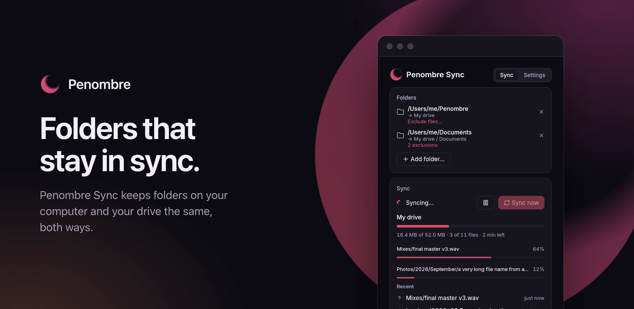 Penombre Sync, syncing two folders