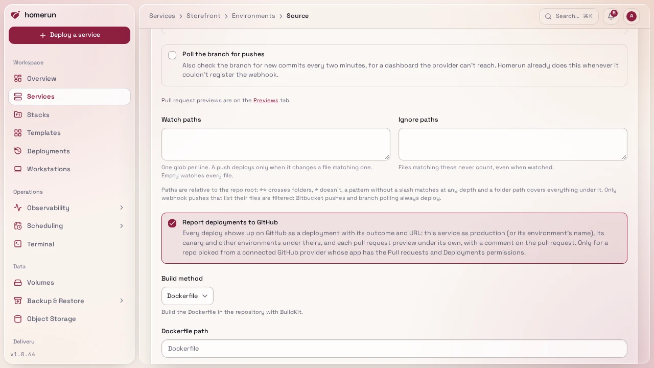 The Report deployments to GitHub option in the Source section