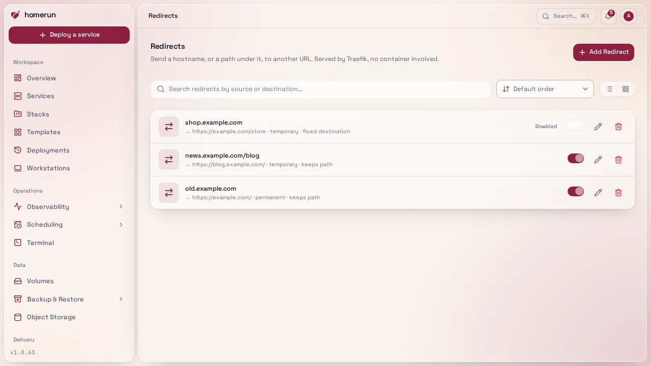 The Redirects list, with a switch on each row to turn it on or off