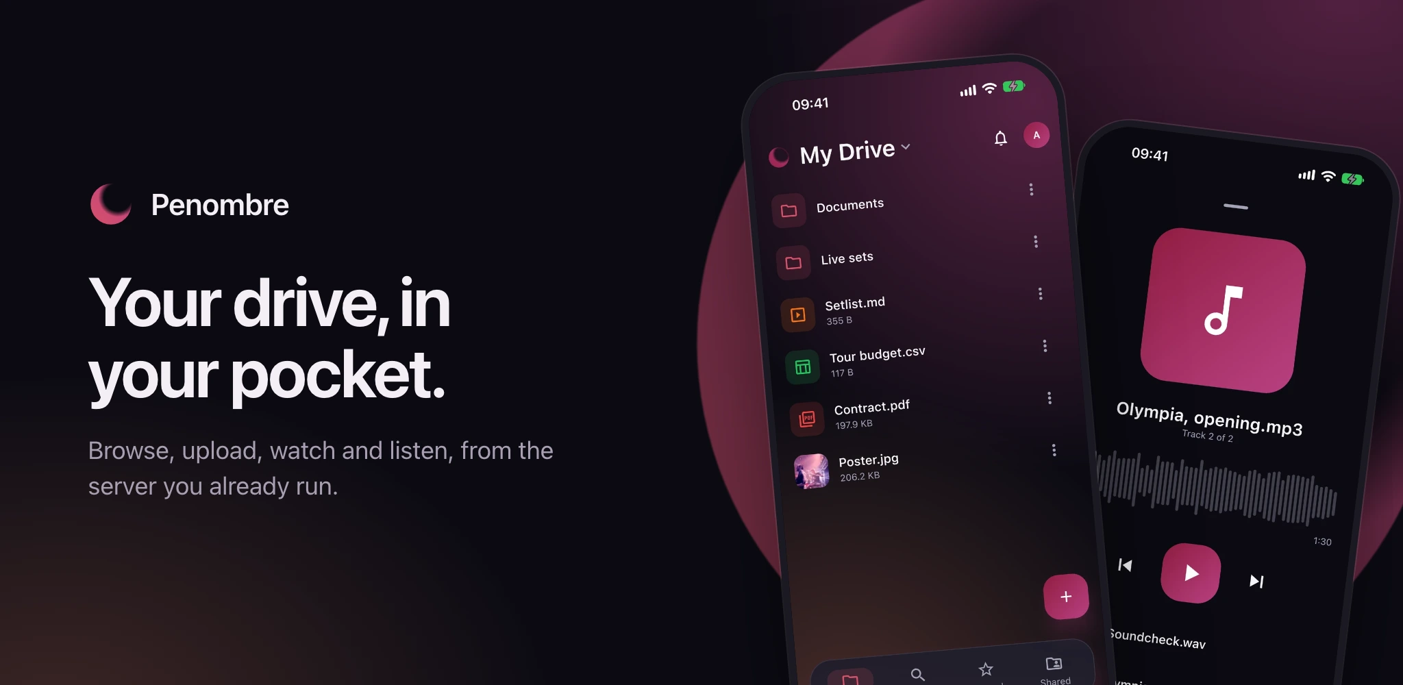 Penombre on a phone: the drive and the music player