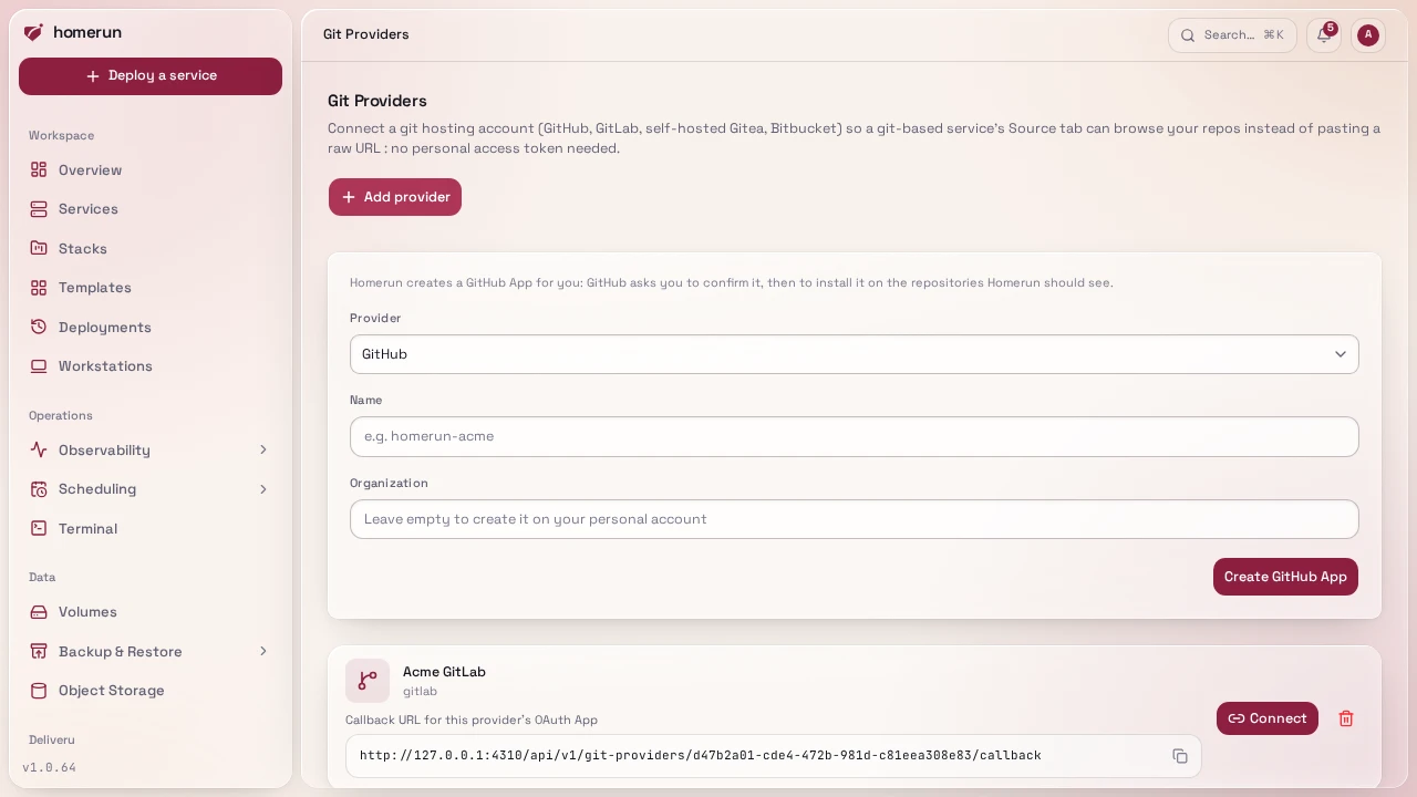 Git Providers, with the Add provider form open above a registered provider and its Connect button