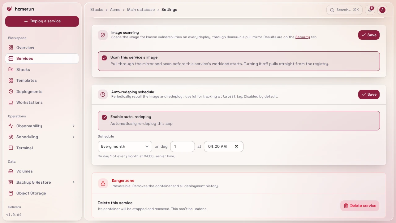 A service's auto-redeploy schedule on its Settings tab