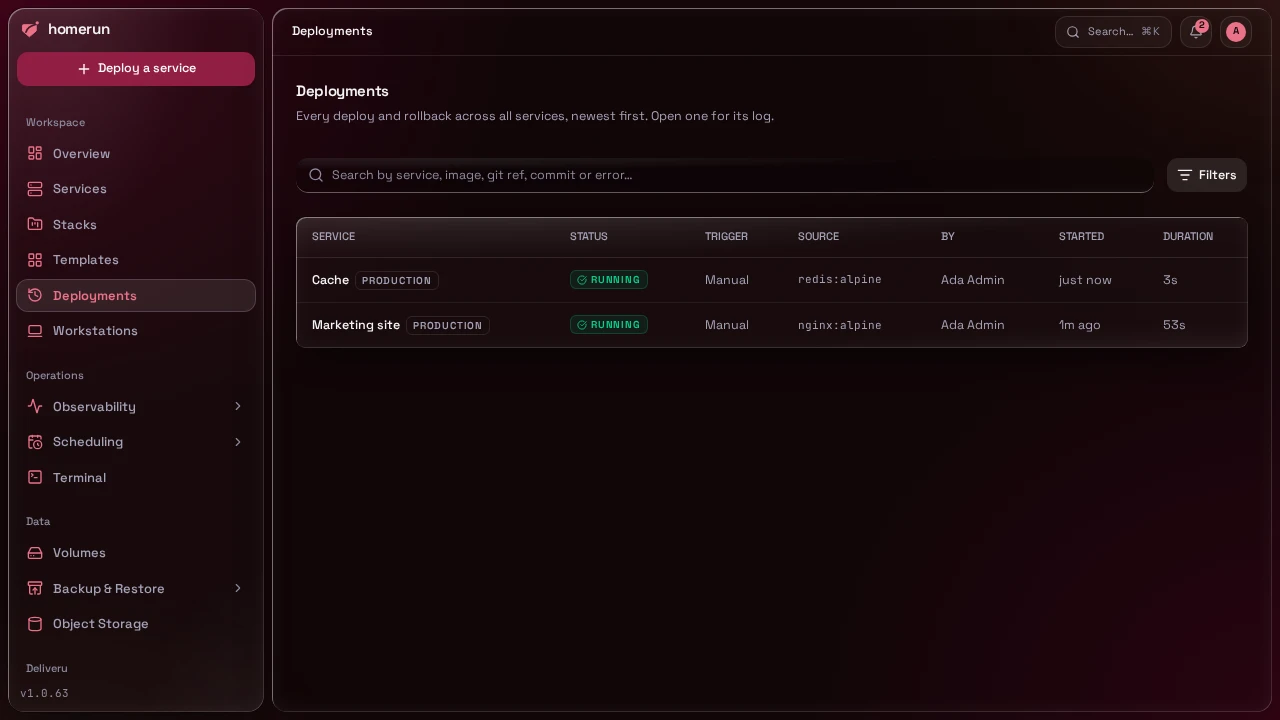 The Deployments page, with each deployment's environment badge