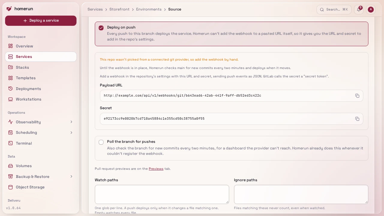 Environments & Deployments → Source with Deploy on push ticked, the webhook URL and secret to add by hand, and the polling option