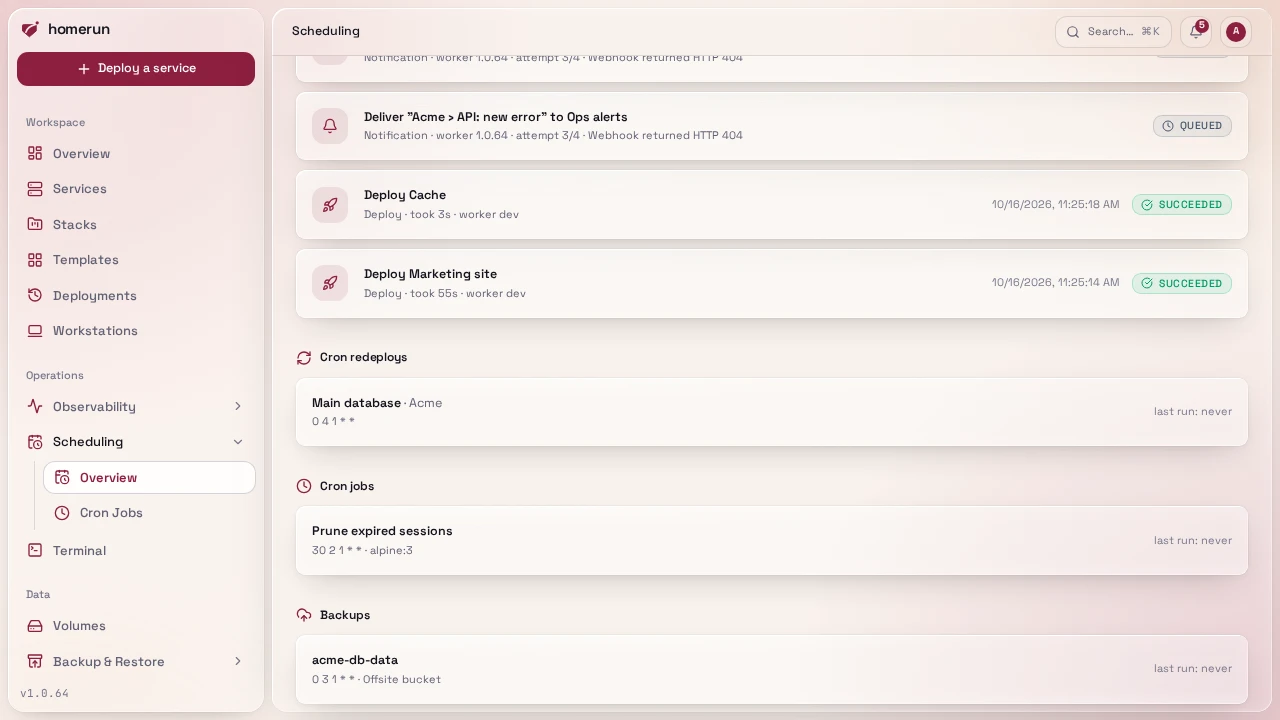The Scheduling page's cron redeploys, cron jobs and scheduled backups