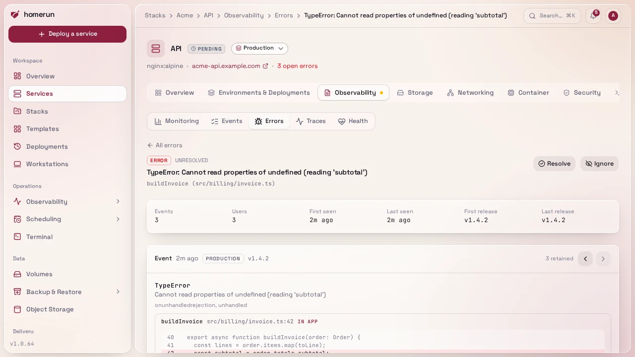 An issue's page: the exception and its stack trace, with the source around each of the app's own frames